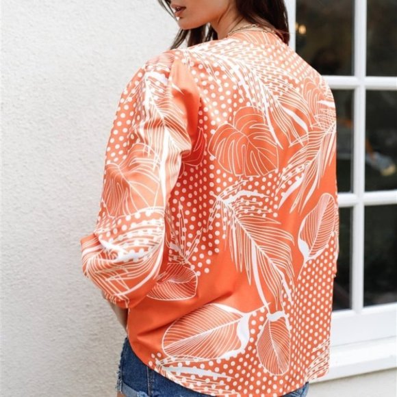 Boho Leaves Print Button Up Detail Top orange - Picture 3 of 5